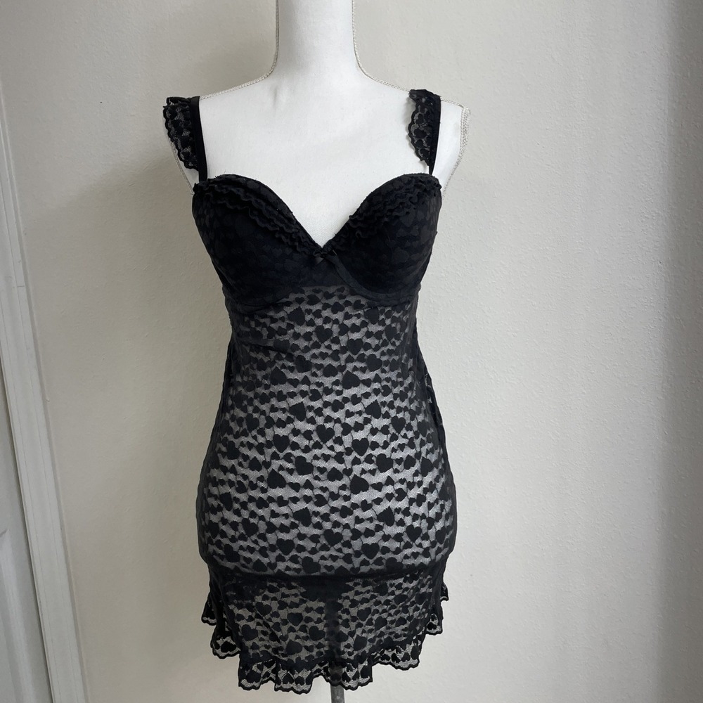 Victoria's Secret Chemise Size L Black The Lacie BabyDoll Heart Ruffle Witchgoth